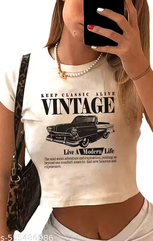 White Vintage Car Printed Crop T-Shirt for Women