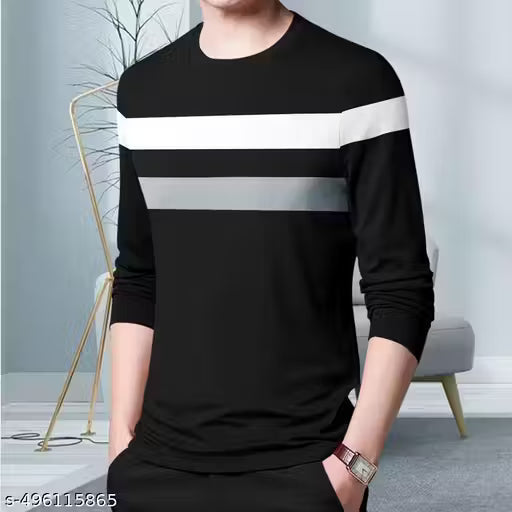 Striped Men Polo Neck Black T-Shirt