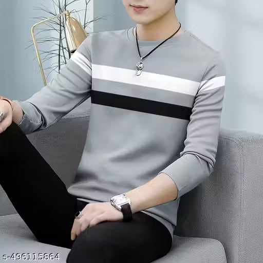Striped Men Polo Neck Black T-Shirt