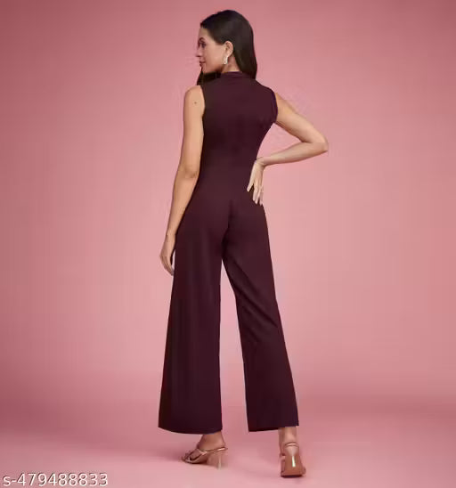 Miss Chase Women's Wine Collared Sleeveless Solid Asymmetric Neck Cut-Out Regular Length Jumpsuit