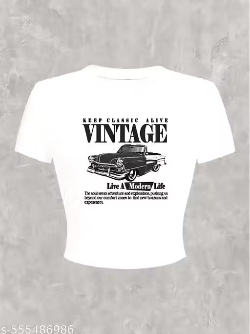 White Vintage Car Printed Crop T-Shirt for Women