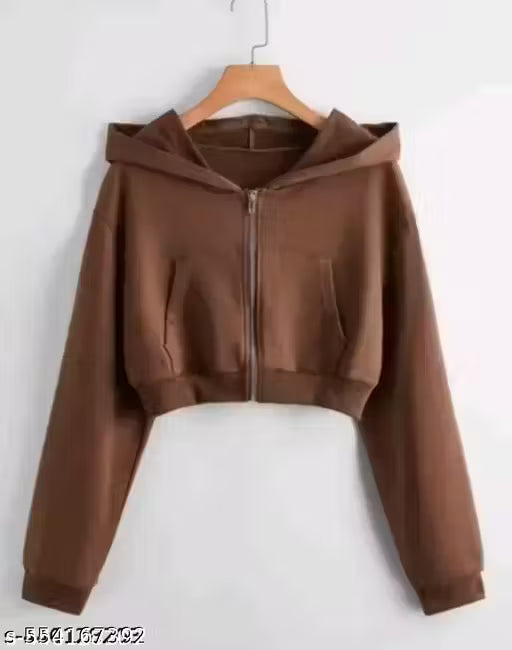 WOMEN FULL SLEEVE SOLID BROWN HOODED SWEATSHIRT