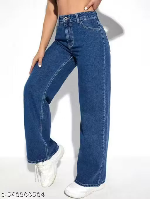 Dark Blue Straight Fit Wide Leg Jeans
