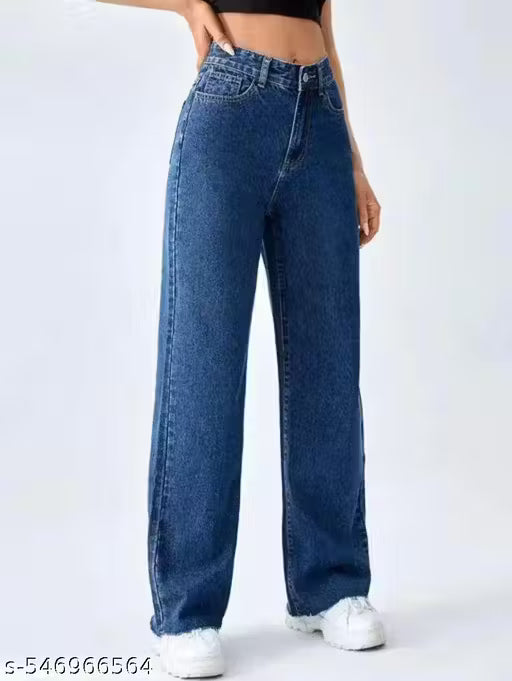 Dark Blue Straight Fit Wide Leg Jeans