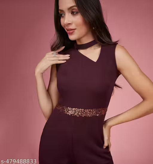 Miss Chase Women's Wine Collared Sleeveless Solid Asymmetric Neck Cut-Out Regular Length Jumpsuit