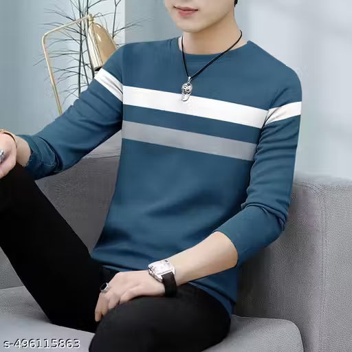 Striped Men Polo Neck Black T-Shirt