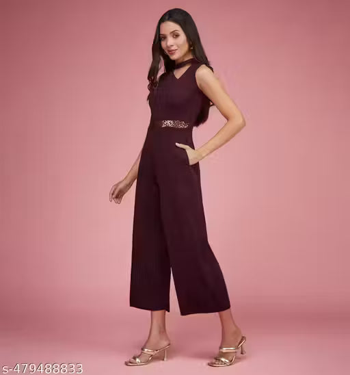 Miss Chase Women's Wine Collared Sleeveless Solid Asymmetric Neck Cut-Out Regular Length Jumpsuit