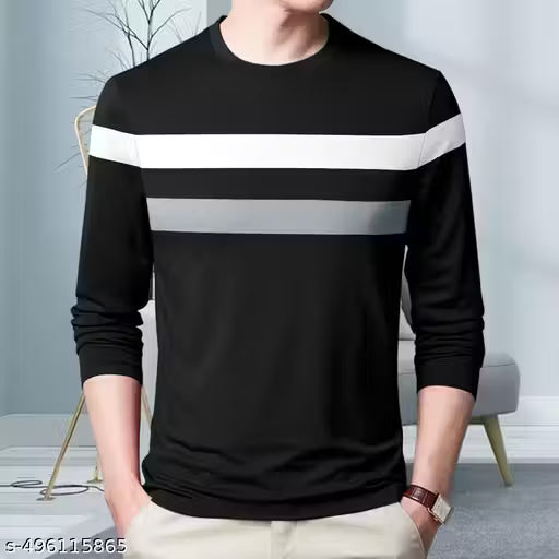 Striped Men Polo Neck Black T-Shirt