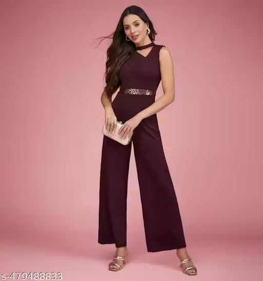 Miss Chase Women's Wine Collared Sleeveless Solid Asymmetric Neck Cut-Out Regular Length Jumpsuit